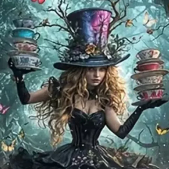 Canvas print Wonderland Mad Hatter Girl Print Teacup & Scene Frameless 20x30 - Picture 2 of 4